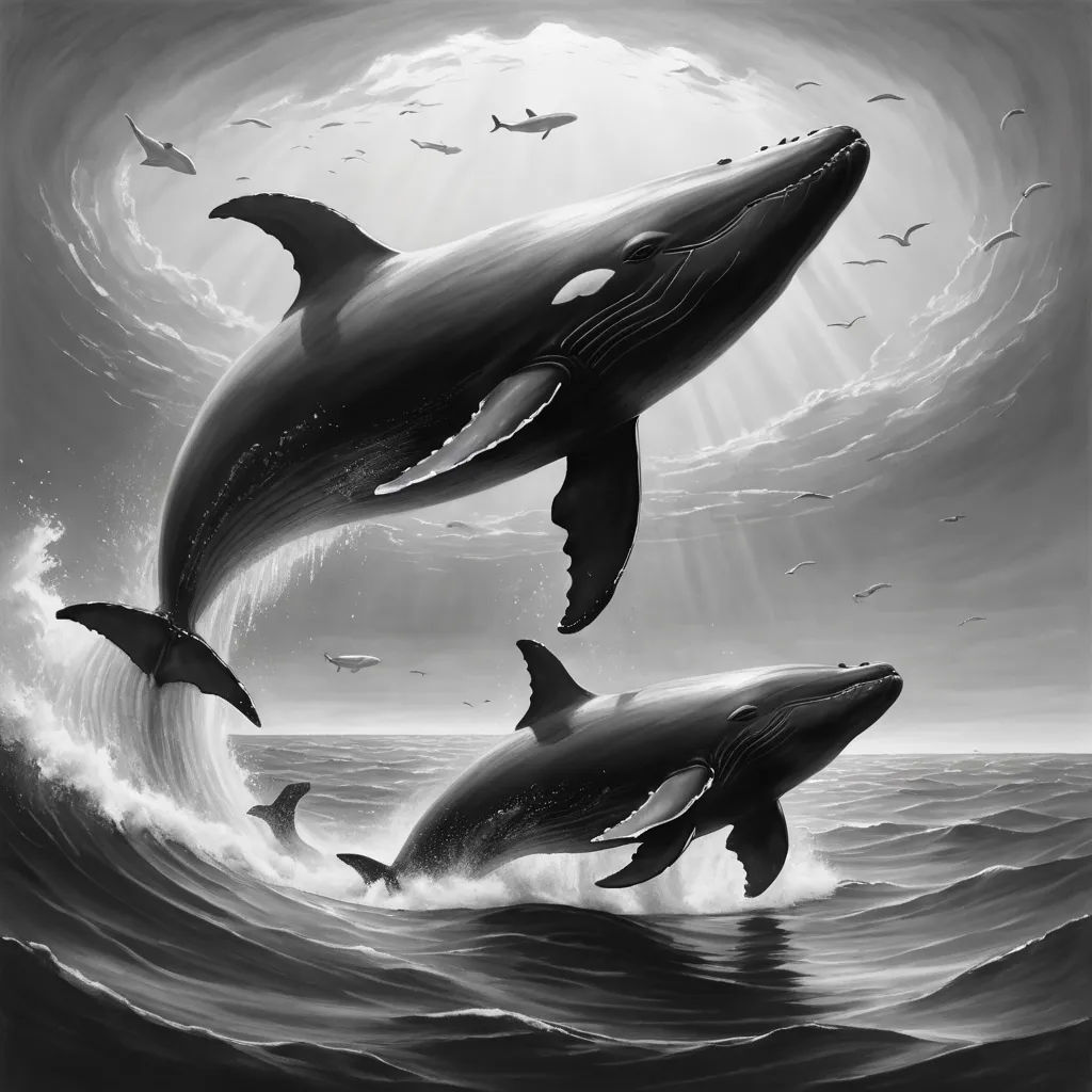 two dolphins jumping out of the water with birds flying around them in the background of a black and white photo, rayonism, an ultrafine detailed painting, Cyril Rolando, highly detailed digital painting