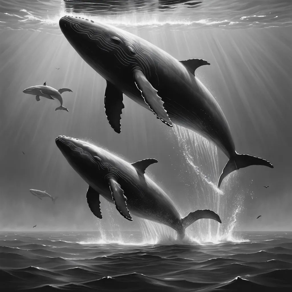 a group of dolphins swimming in the ocean together in black and white photo by a photographer in the water, rayonism, an ultrafine detailed painting, Dan Hillier, highly detailed digital painting