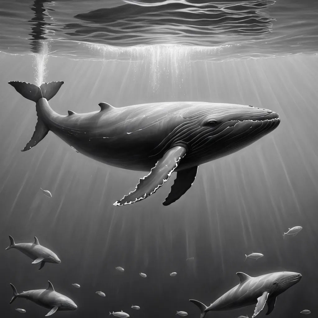 a whale swimming in the ocean with a lot of fish around it's neck and a light shining on the water, photorealism, an ultrafine detailed painting, Dan Hillier, highly detailed digital painting