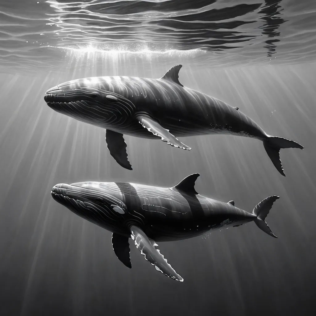 two dolphins swimming in the ocean with sunlight shining through the water's surface and a shadow of the water's surface, rayonism, a digital painting, David Martin, caustics