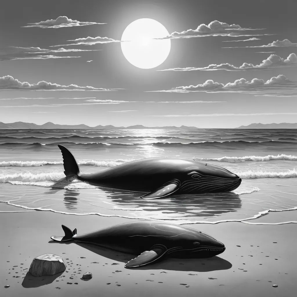 a whale is laying on the beach with a bird flying over it and a full moon in the sky, rayonism, an ultrafine detailed painting, Dan Hillier, detailed illustration