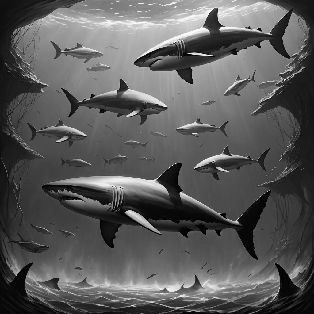 a group of sharks swimming in the ocean together in a tunnel of water with sunlight streaming through the water, modern european ink painting, an ultrafine detailed painting, David Martin, highly detailed digital painting