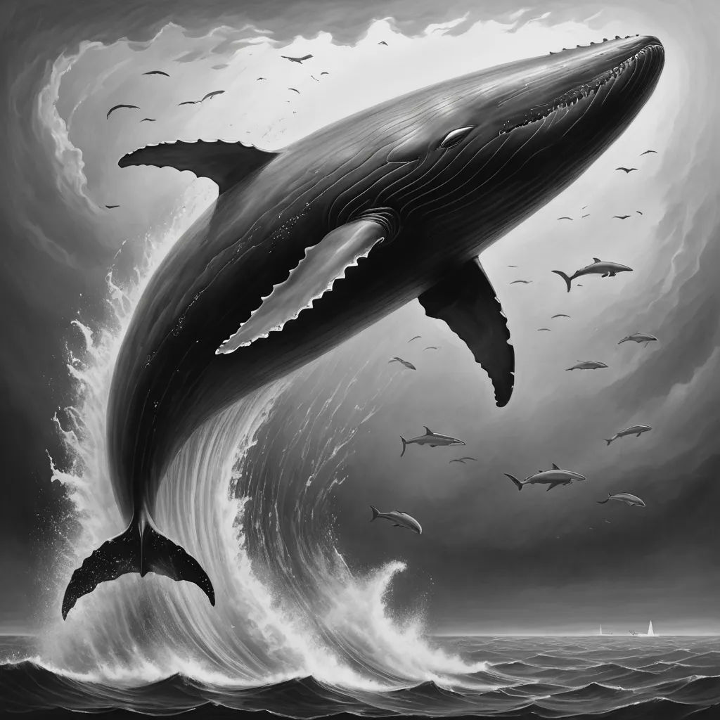 a whale jumping out of the water with a lot of birds flying around it and a boat in the background, rayonism, an ultrafine detailed painting, Dan Hillier, extreme illustration