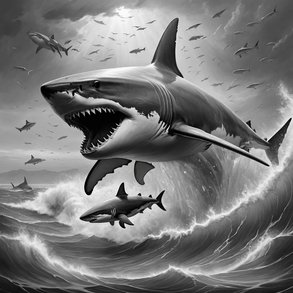 a group of sharks swimming in the ocean with a shark in the background and a shark in the foreground, shock art, a detailed matte painting, Chris Rahn, extreme illustration