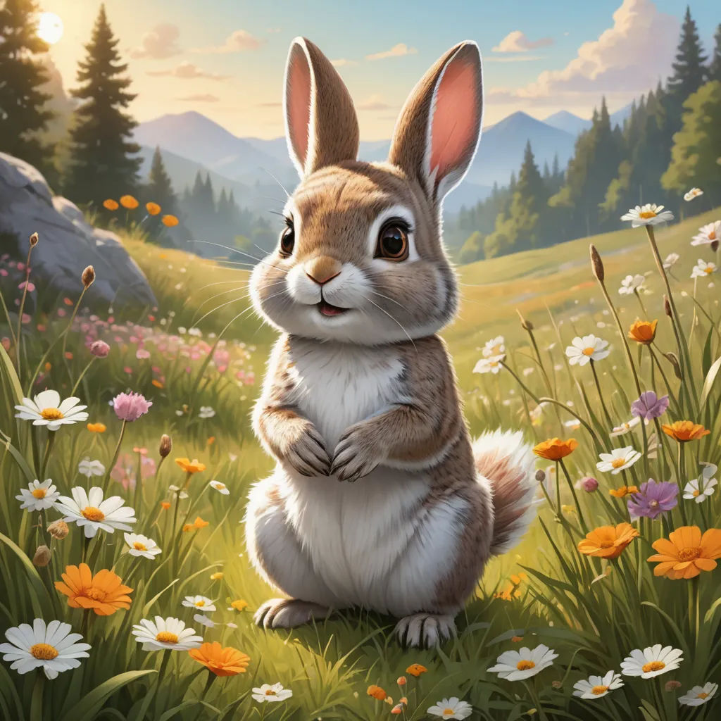 a painting of a rabbit sitting in a field of flowers and daisies with a mountain in the background, furry art, a detailed painting, Chris LaBrooy, official art