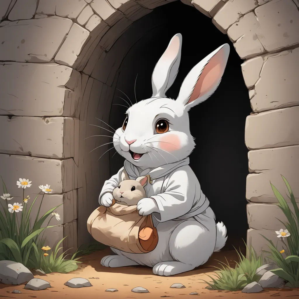 a rabbit holding a small bunny in a tunnel with flowers around it and a stone wall behind it, with a stone door and a brick wall, fantasy art, a storybook illustration, Beatrix Potter, storybook illustration
