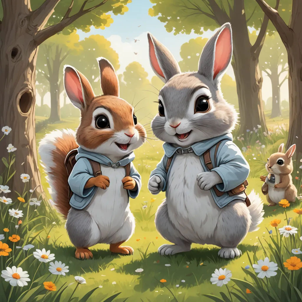 two rabbits are standing in the grass near trees and flowers, one is holding a backpack and the other is holding a squirrel, furry art, a storybook illustration, Chris LaBrooy, official art