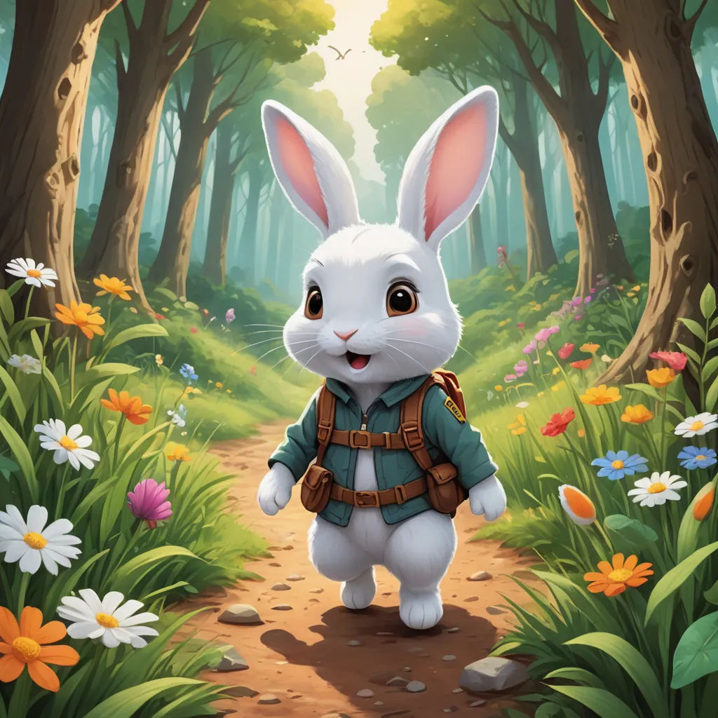 a white rabbit in a forest with flowers and trees on a path with a backpack on it's back, fantasy art, a storybook illustration, Chris LaBrooy, rossdraws global illumination