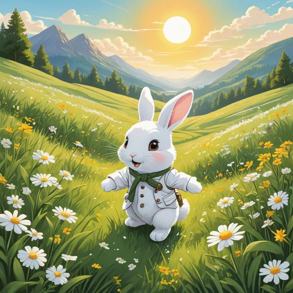 a painting of a bunny in a field of daisies and daisies with the sun in the background, magical realism, a storybook illustration, Beatrix Potter, official art
