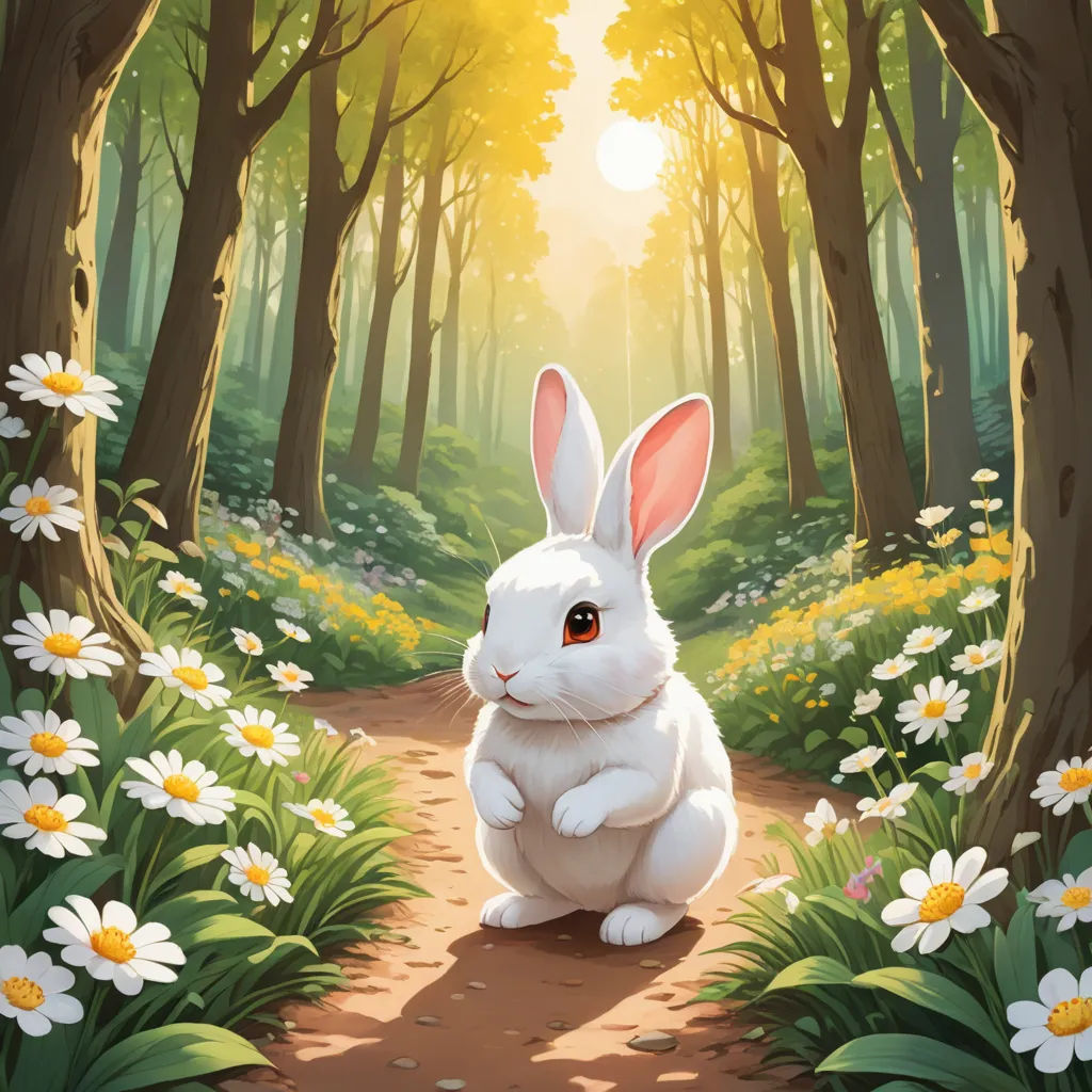 a white rabbit sitting in the middle of a forest with daisies and trees around it, with the sun shining through the trees, fantasy art, a storybook illustration, Beatrix Potter, rossdraws global illumination