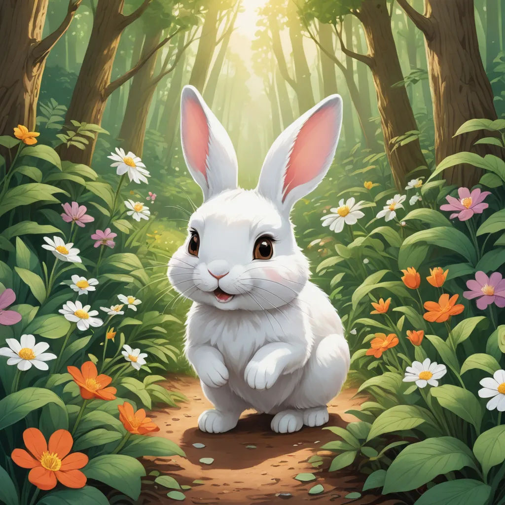 a white rabbit sitting in the middle of a forest with flowers and trees around it, looking at the camera, altermodern, a storybook illustration, Chris LaBrooy, magic the gathering artwork