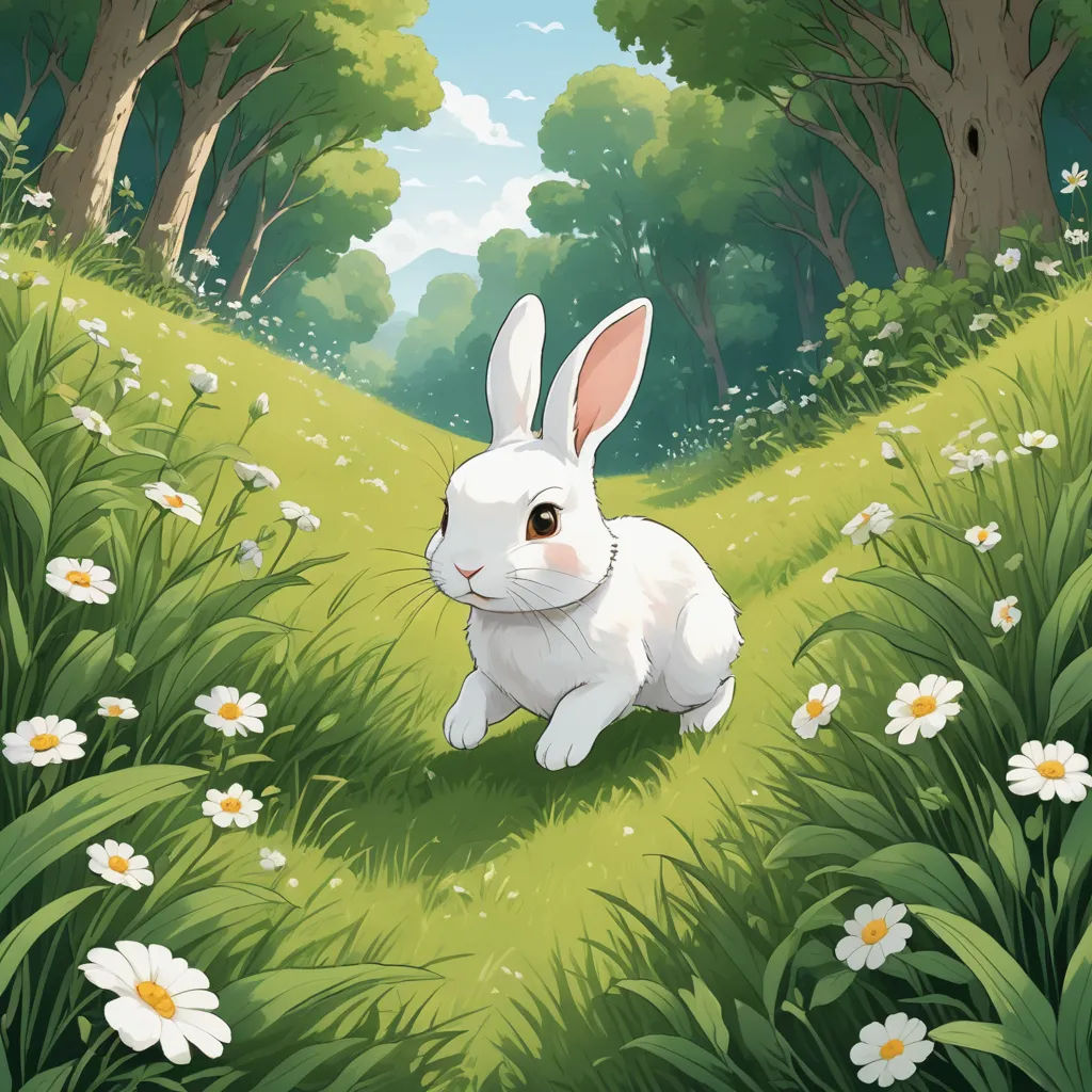 a white rabbit sitting in a field of grass and daisies with trees in the background and a blue sky, fantasy art, a storybook illustration, Beatrix Potter, rossdraws global illumination