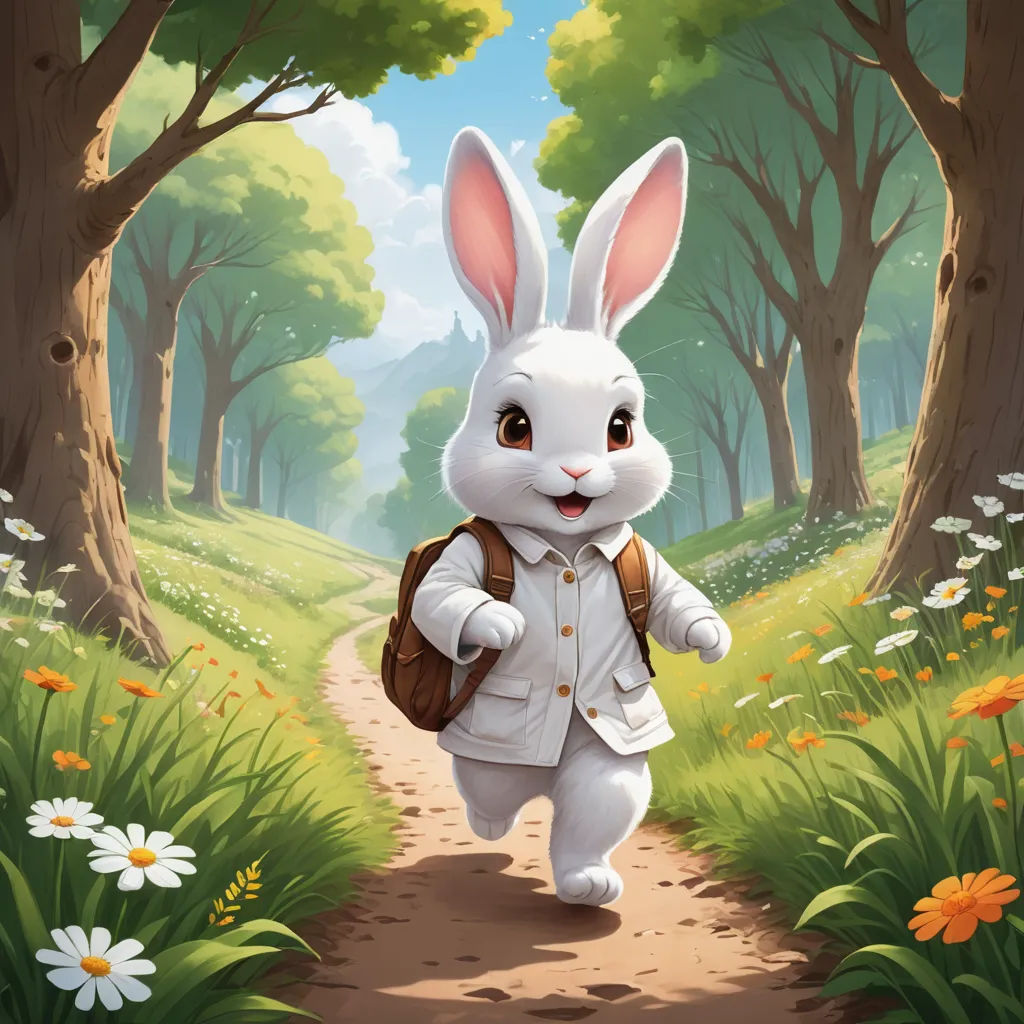a cartoon bunny is walking down a path in the woods with a backpack on his back and a backpack on his shoulder, furry art, a storybook illustration, Beatrix Potter, rossdraws global illumination