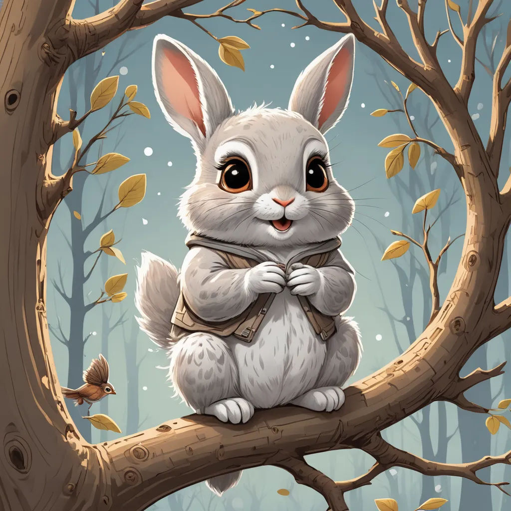 a white rabbit sitting on a tree branch in a forest with leaves and a bird flying by it's side, fantasy art, a storybook illustration, Ed Binkley, trending on art station
