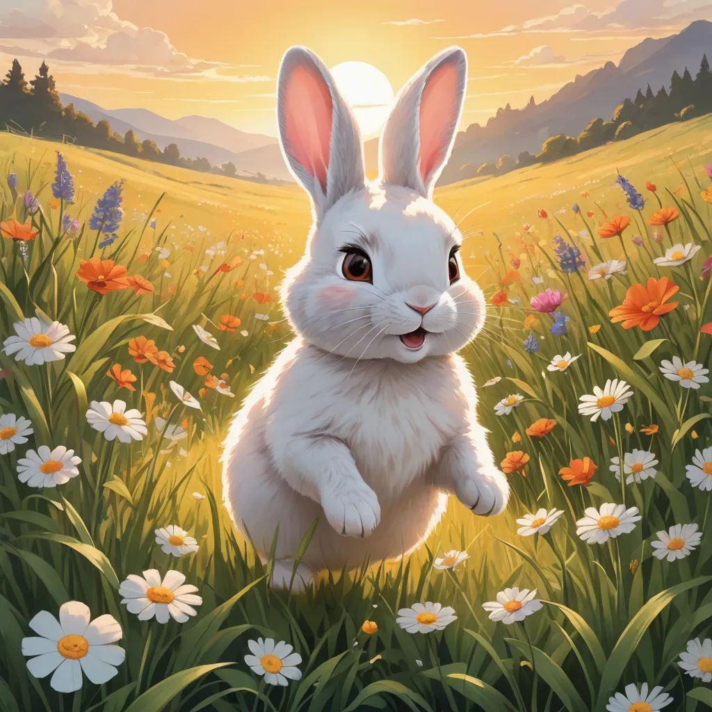 a painting of a white rabbit sitting in a field of flowers with the sun in the background and a mountain range in the distance, furry art, a painting, Chris LaBrooy, rossdraws global illumination