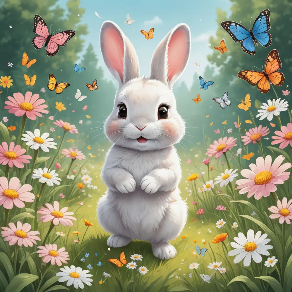 a white rabbit sitting in a field of flowers and butterflies with a butterfly in the background of the picture, furry art, a detailed painting, Ed Binkley, official art
