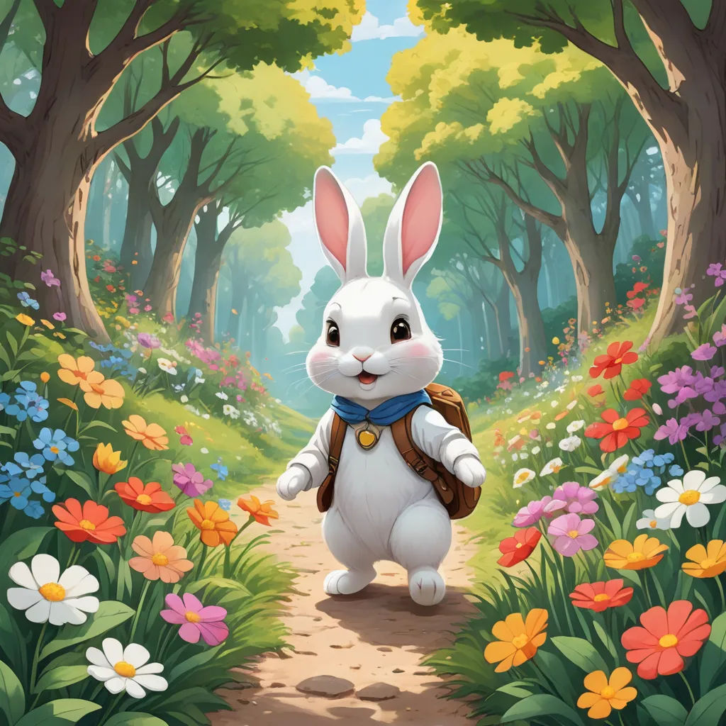 a cartoon bunny is walking through a forest with flowers and trees in the background, and a path leading to the forest, fantasy art, a storybook illustration, Chris LaBrooy, rossdraws global illumination