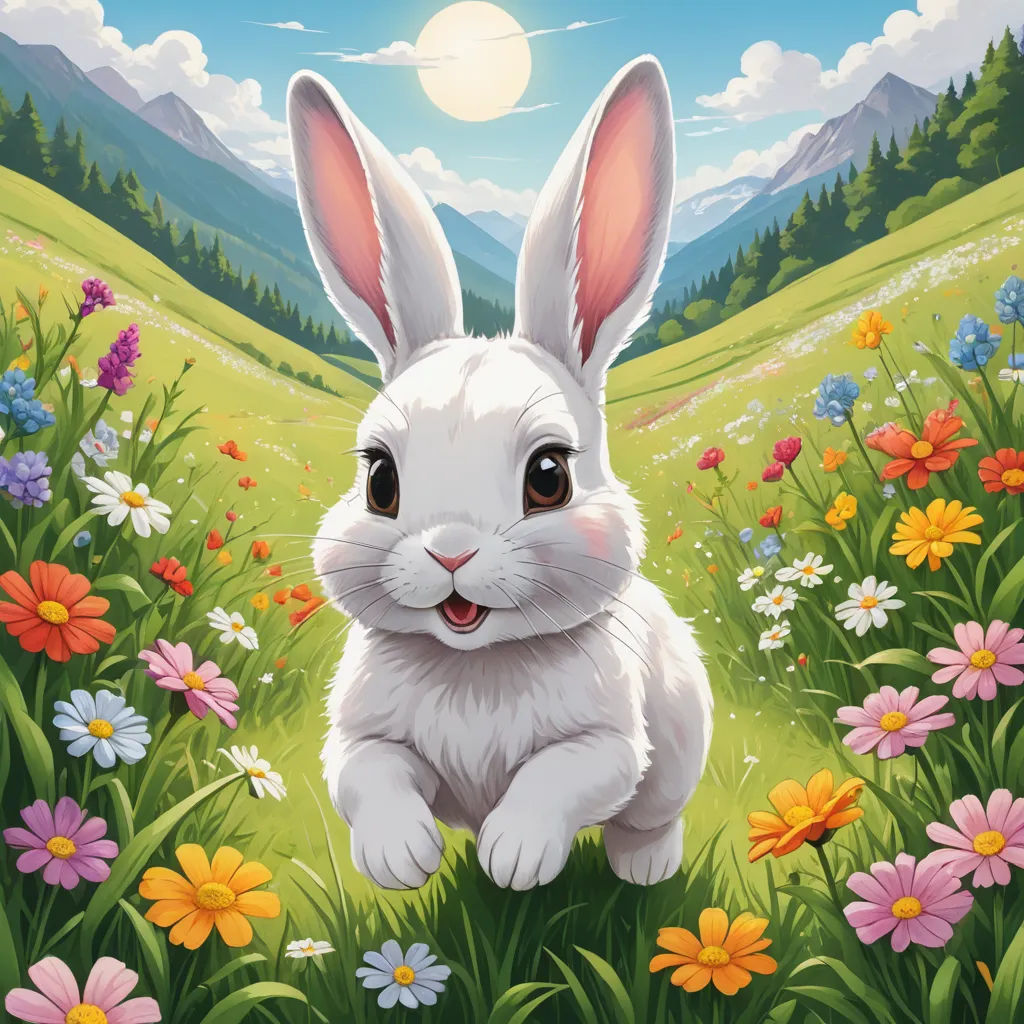 a white rabbit sitting in a field of flowers with a full moon in the background and a mountain range in the distance, furry art, a digital painting, Chris LaBrooy, rossdraws global illumination