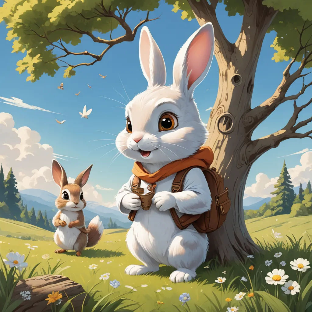 a painting of a rabbit and a bunny rabbit sitting in the grass next to a tree with a butterfly flying overhead, fantasy art, a storybook illustration, Chris LaBrooy, rossdraws global illumination