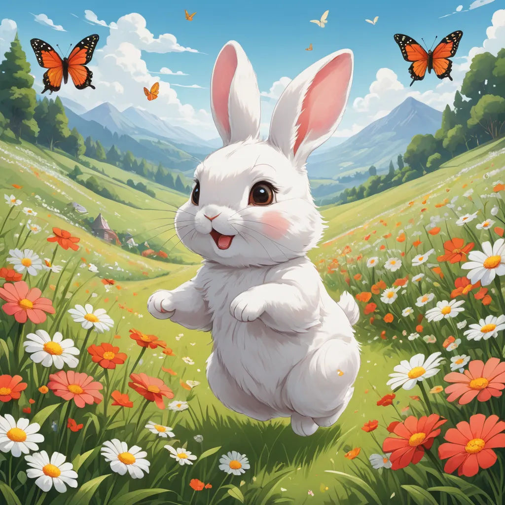 a painting of a white rabbit running through a field of flowers and butterflies with a butterfly in the background, altermodern, an airbrush painting, Chris Rahn, magic the gathering artwork