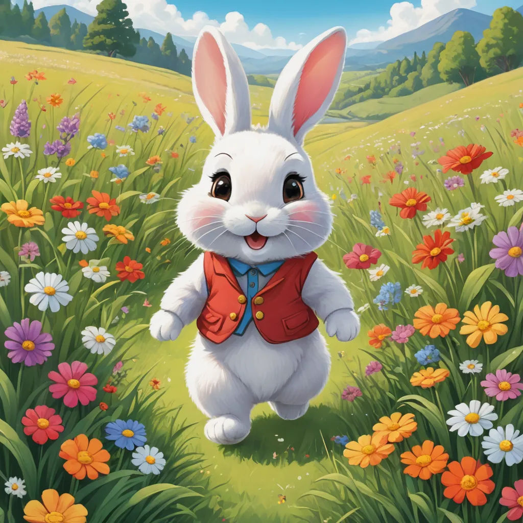 a painting of a white rabbit in a field of flowers with a red vest on it's chest, furry art, a digital painting, Beatrix Potter, official art