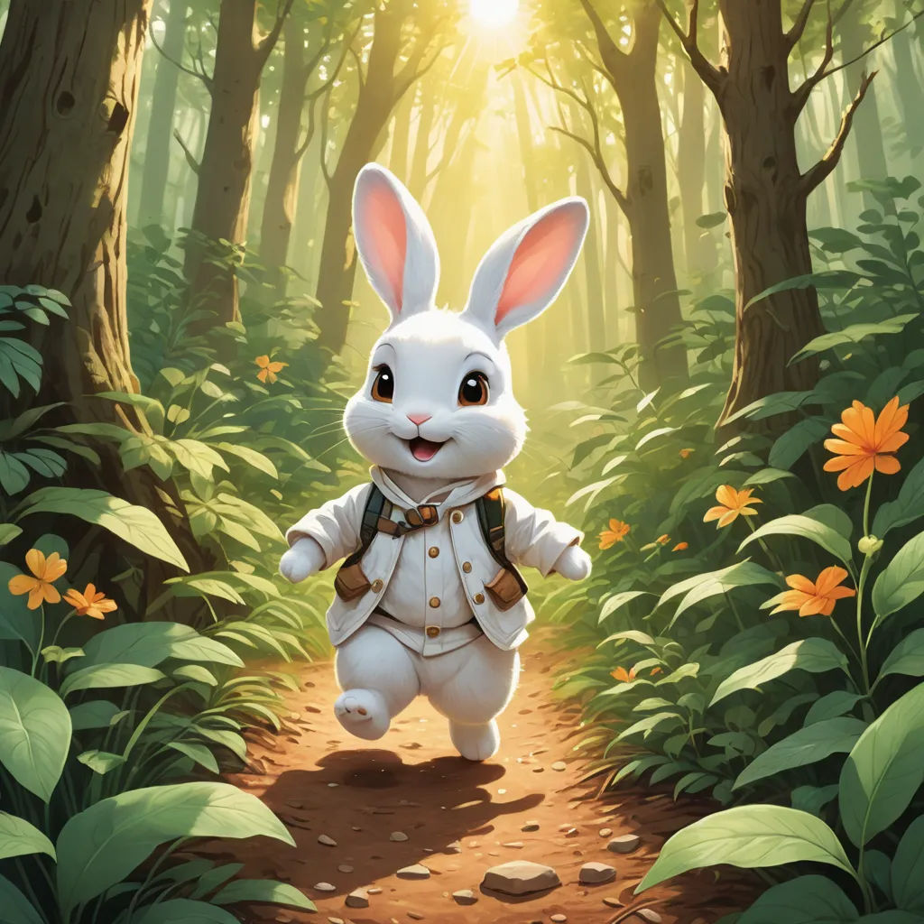 a rabbit is walking through a forest with flowers and trees in the background, with a light shining on the ground, altermodern, a character portrait, Clint Cearley, magic the gathering artwork