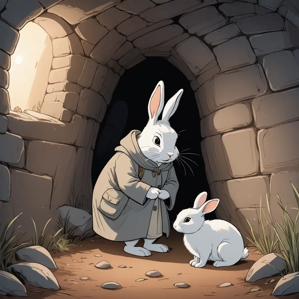 a rabbit and a rabbit in a cave with a light coming from it's mouth and a man in a robe standing next to it, fantasy art, a storybook illustration, Beatrix Potter, storybook illustration