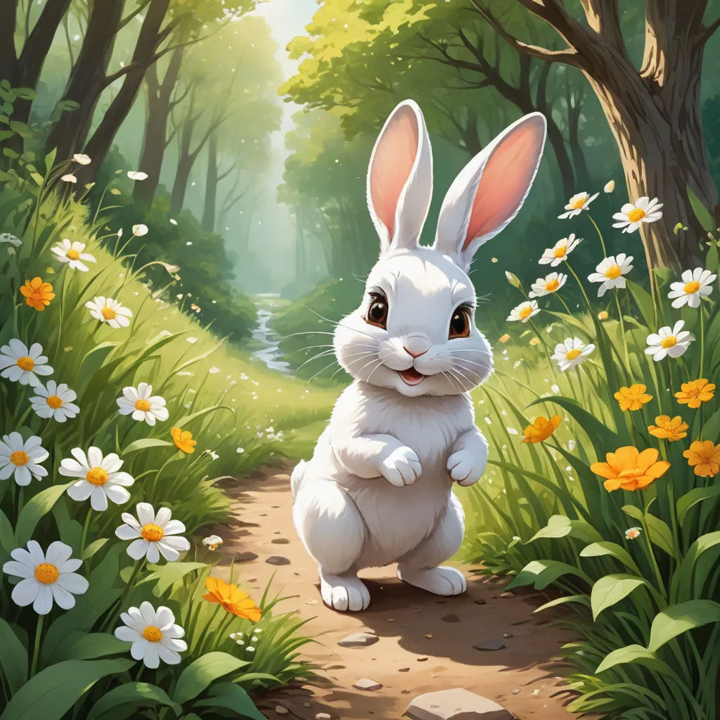 a white rabbit sitting on a path in a forest with flowers and trees around it, with a stream running through the woods, fantasy art, a storybook illustration, Clint Cearley, rossdraws global illumination