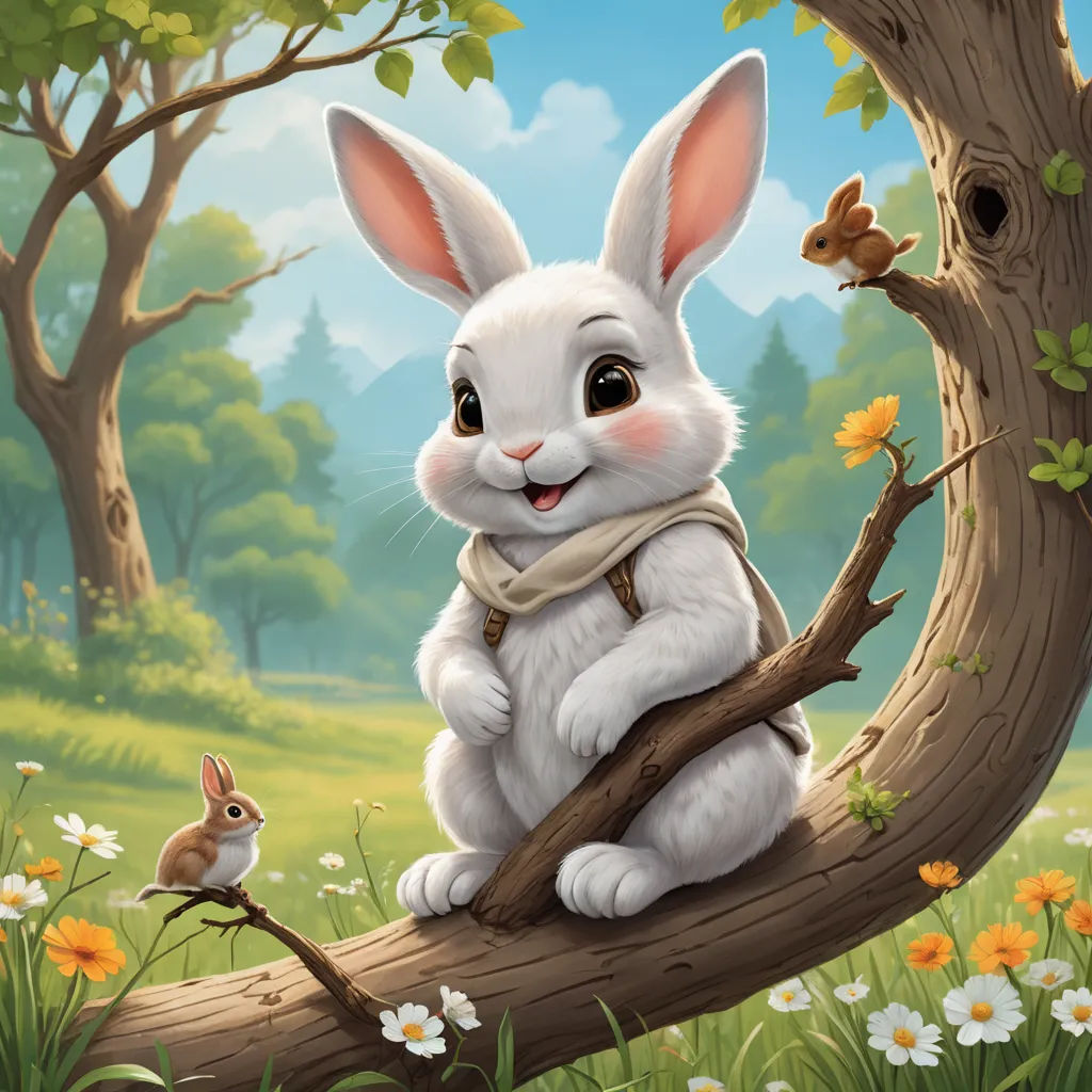 a white rabbit sitting on a tree branch with a little rabbit in the background and a bird in the foreground, furry art, a storybook illustration, Beatrix Potter, deviantart artstation