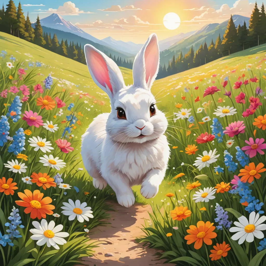 a painting of a white rabbit in a field of flowers with a mountain in the background and a sun setting, furry art, an airbrush painting, Chris LaBrooy, official art