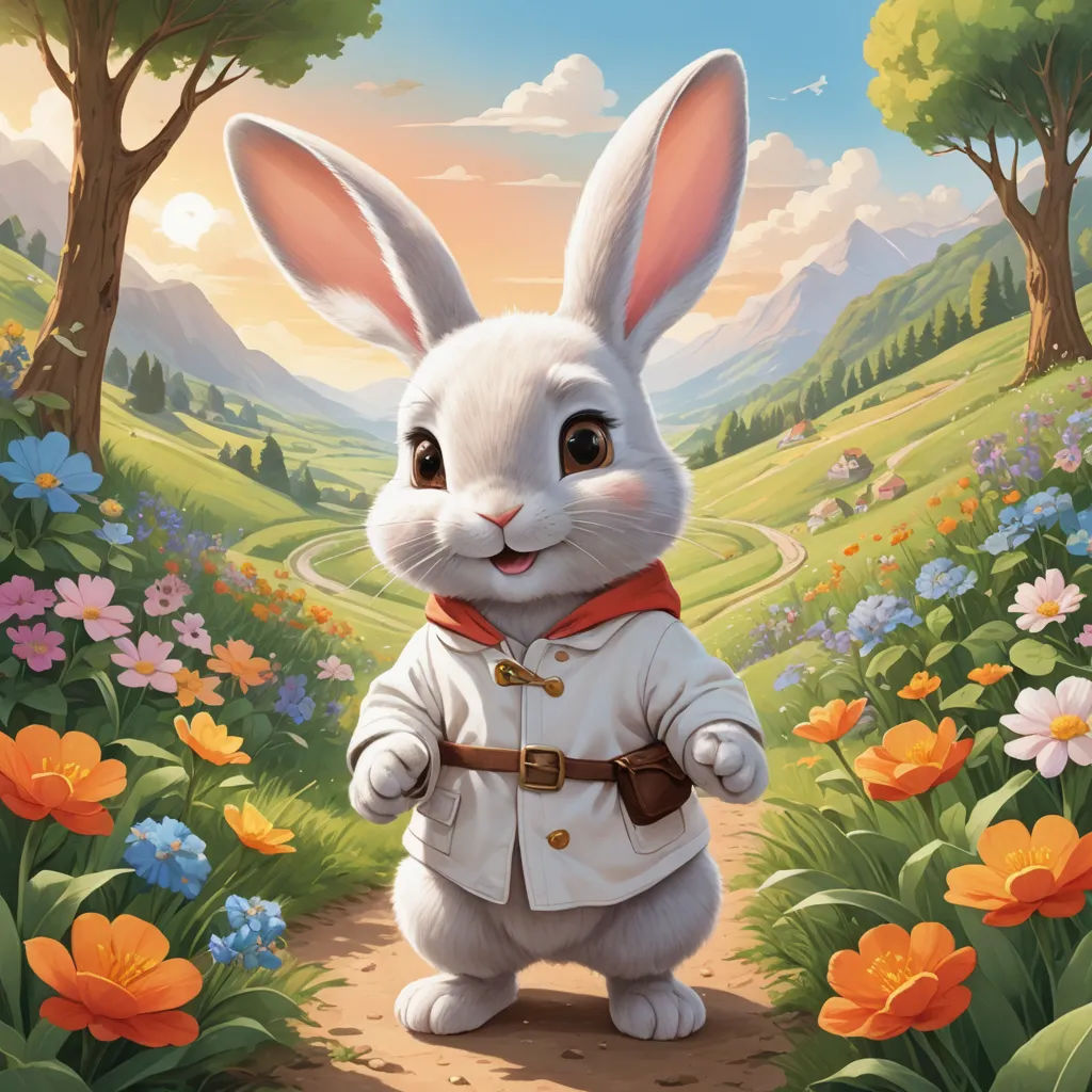 a painting of a rabbit in a field of flowers and trees with a path leading to a forest with flowers, furry art, a character portrait, Chris LaBrooy, official art