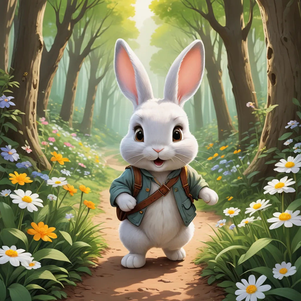 a white rabbit with a backpack is walking through a forest with daisies and trees in the background,, furry art, a storybook illustration, Beatrix Potter, rossdraws global illumination