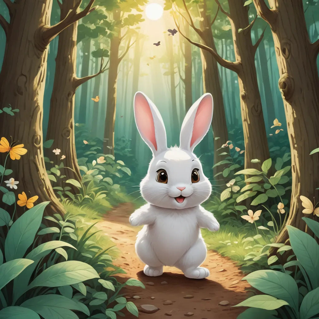 a white rabbit is sitting in the middle of a forest with butterflies flying around it and a sun shining through the trees, furry art, a storybook illustration, Beatrix Potter, rossdraws global illumination