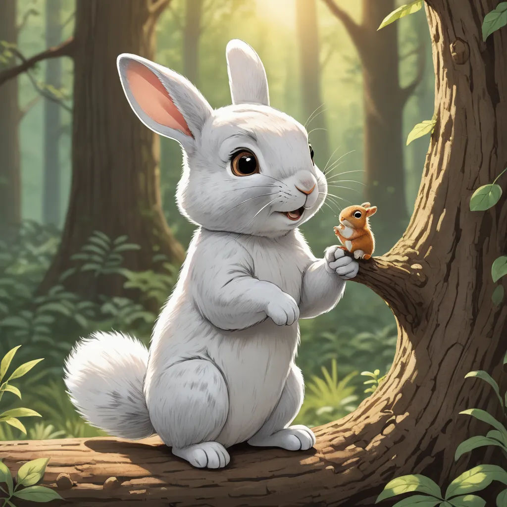 a white rabbit holding a small bird in a forest with trees and grass in the background, with sunlight shining through the trees, altermodern, a storybook illustration, Chris LaBrooy, rossdraws global illumination