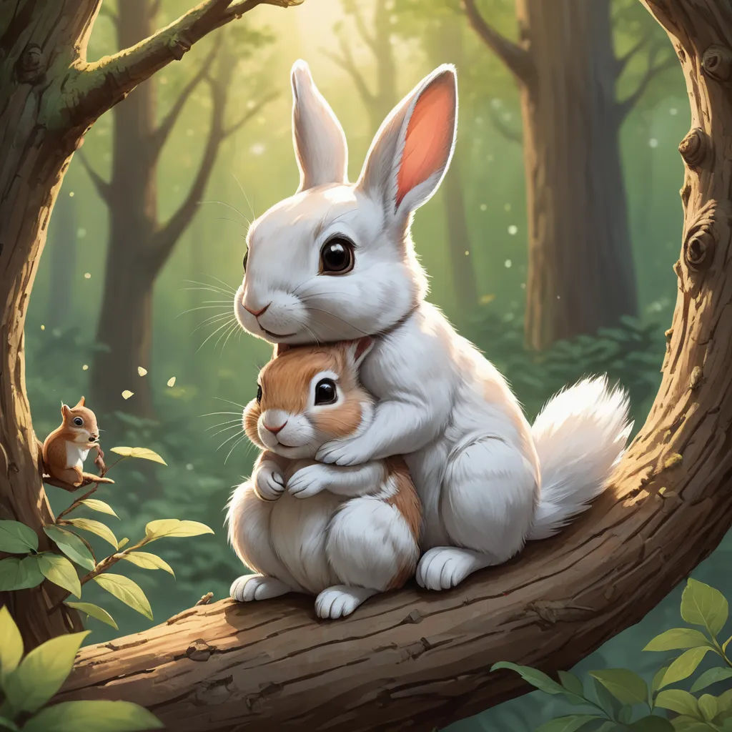 a painting of a rabbit hugging a baby rabbit in a forest with a squirrel nearby on a branch in the foreground, furry art, a fine art painting, Cynthia Sheppard, official art