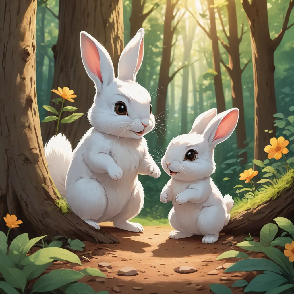 a couple of white rabbits sitting next to each other in a forest with flowers and trees around them,, altermodern, a storybook illustration, Chris Rallis, rossdraws global illumination
