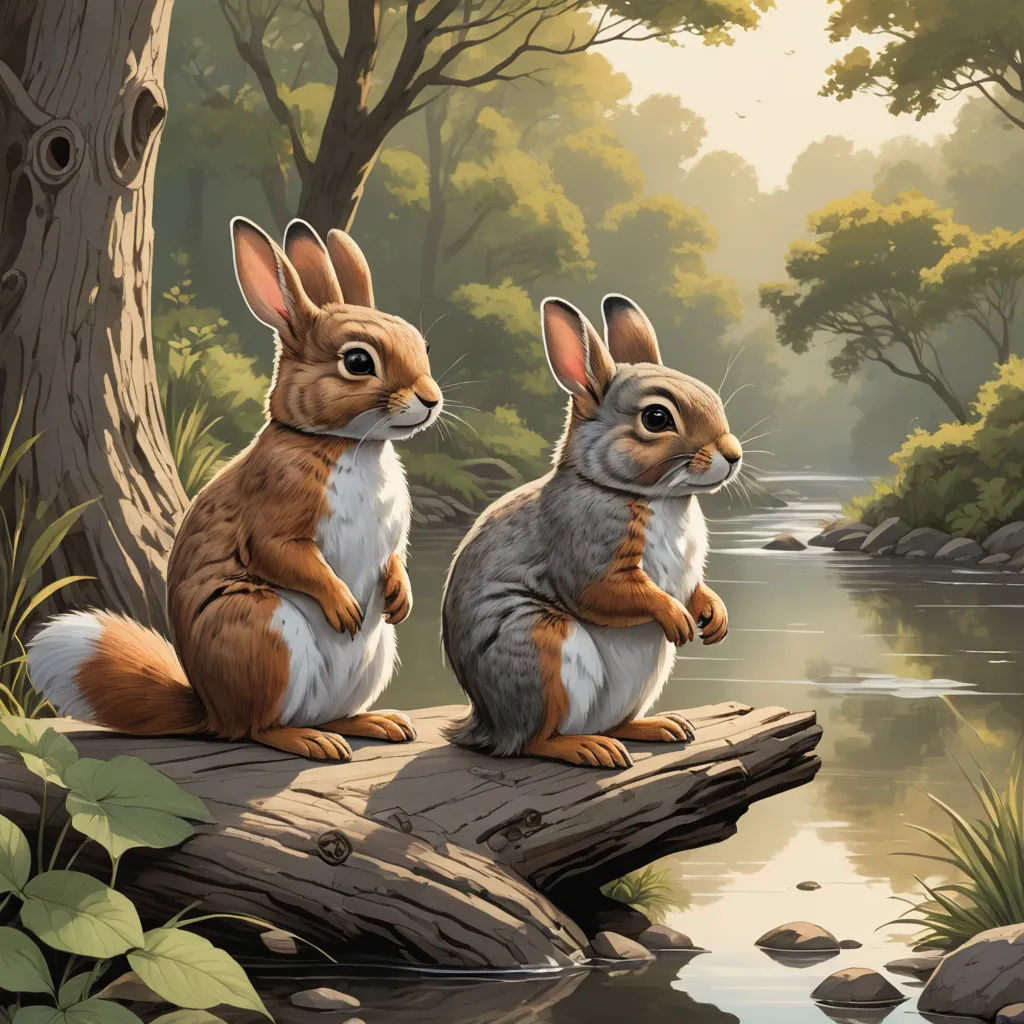 two rabbits sitting on a log in a forest by a river with a stream running through it and a forest with trees and rocks, furry art, a storybook illustration, Chris LaBrooy, walton ford