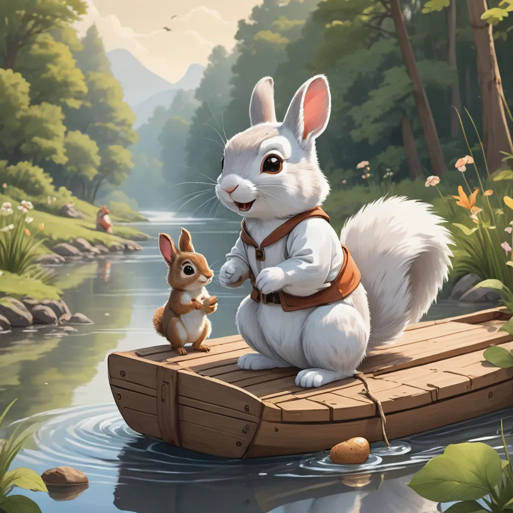 a rabbit and a rabbit sitting on a raft in a river with a forest background and a riverbank, furry art, a storybook illustration, Chris LaBrooy, trending on art station