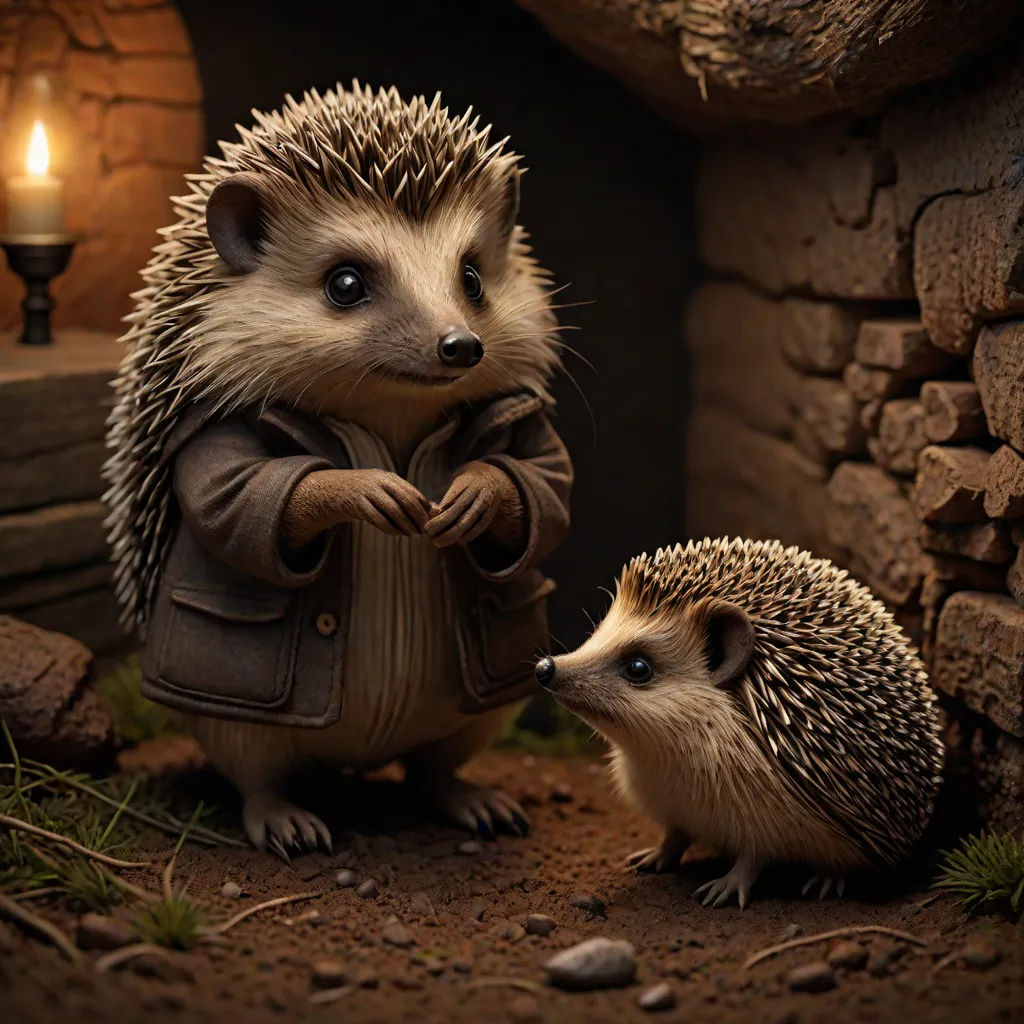 a couple of hedgehogs standing next to each other in a cave with a light on the side, photorealism, a storybook illustration, Chris LaBrooy, behance hd