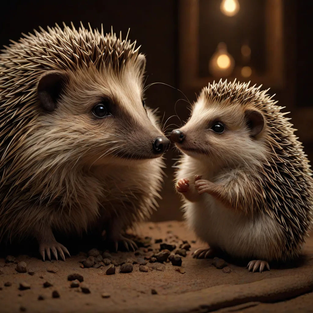 two hedgehogs are sitting on a bed of dirt and looking at each other with their noses touching, photorealism, a photorealistic painting, Clovis Trouille, award-winning photograph