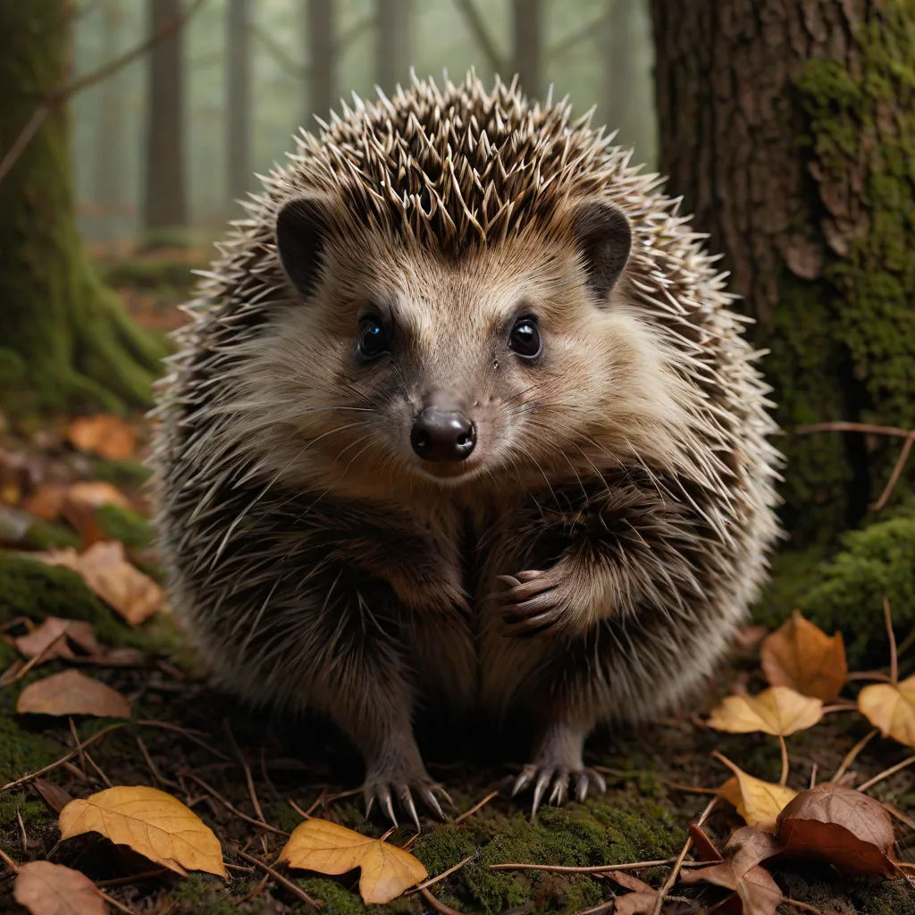 a hedgehog is standing in the woods with its paws on the ground and looking at the camera with a sad look on its face, photorealism, a digital rendering, Clovis Trouille, animal photography