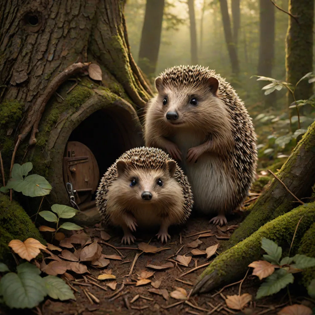two hedgehogs are standing in a hole in the woods, one is looking at the camera and the other is looking at the camera, art photography, a storybook illustration, Chris LaBrooy, storybook illustration