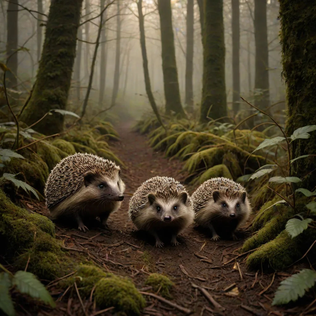 three hedges walking in the woods near a trail of mossy trees and ferns on a foggy day, magic realism, a photorealistic painting, Chris LaBrooy, award-winning photograph