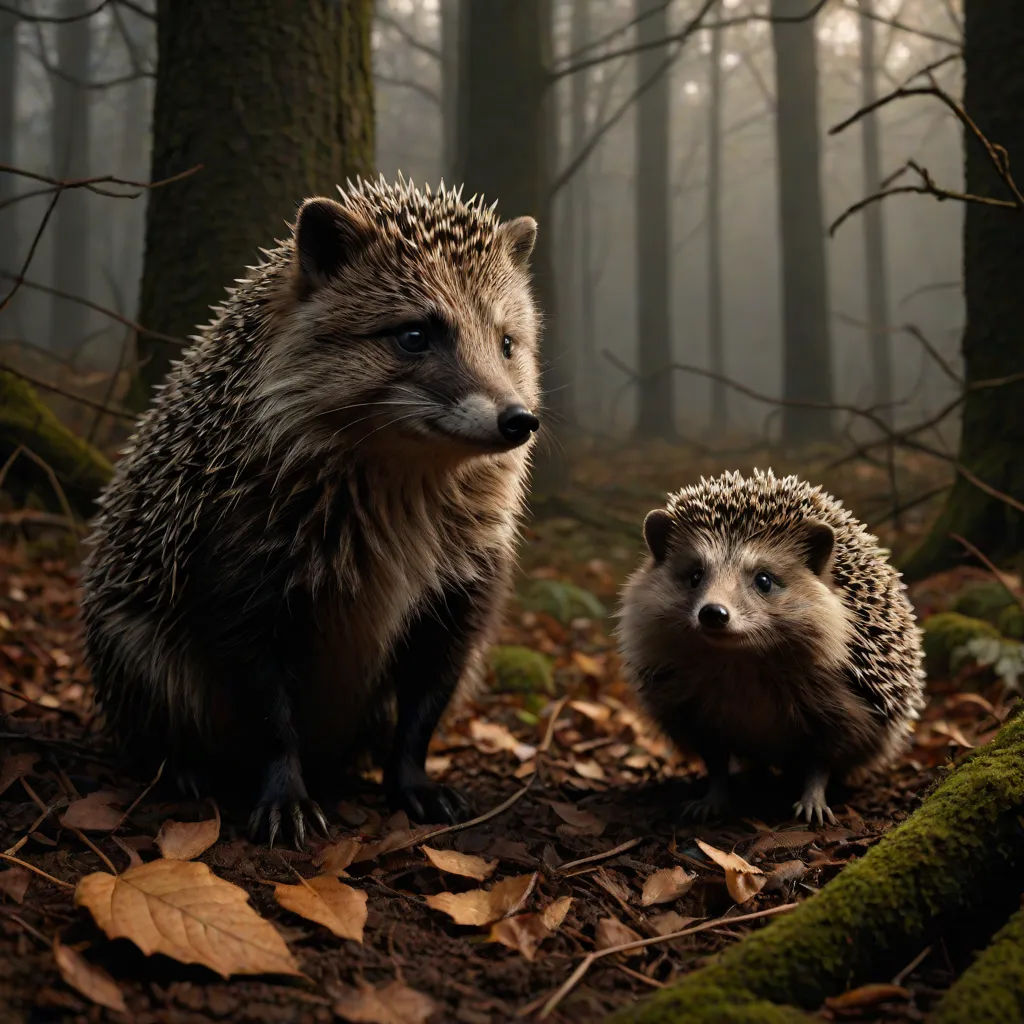 a couple of hedgehogs standing in the woods together, with leaves on the ground and trees in the background, art photography, a photorealistic painting, Artur Tarnowski, award-winning photograph