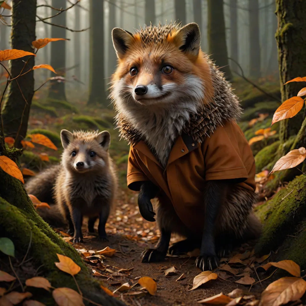a couple of foxes standing on top of a forest floor covered in leaves and trees with a forest background, furry art, a photorealistic painting, Chris LaBrooy, award - winning photography