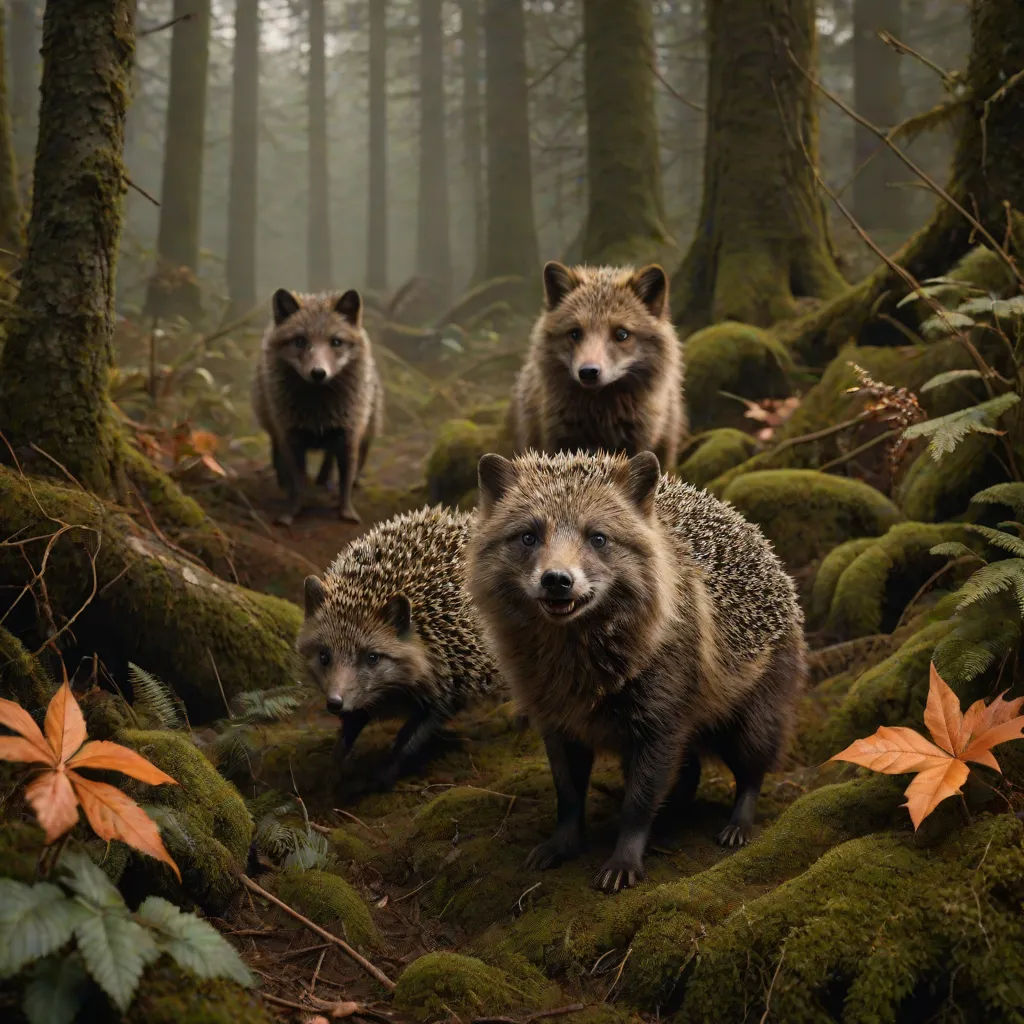 three brown bears walking through a forest with mossy ground and trees in the background, with leaves on the ground, environmental art, a photorealistic painting, Annie Leibovitz, award-winning photograph