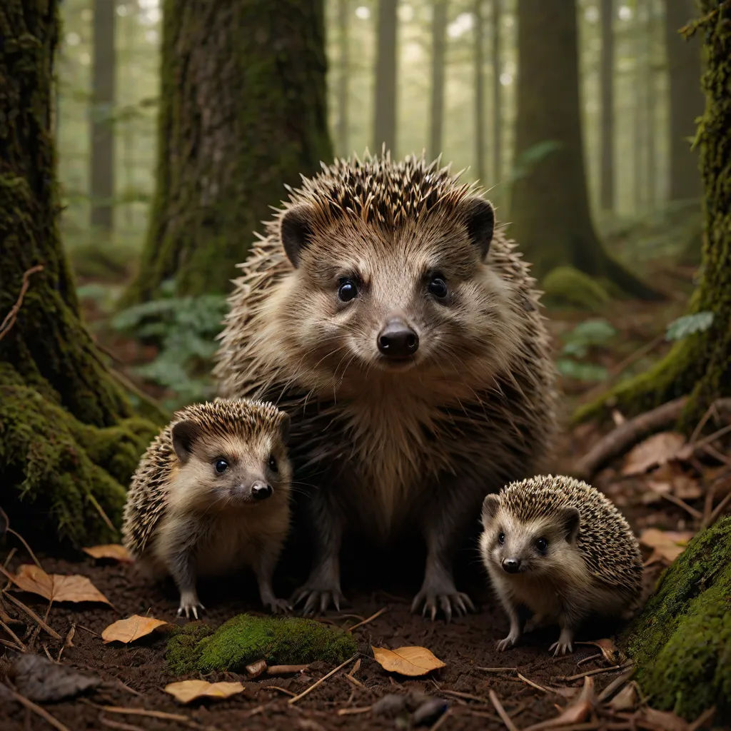 a group of hedgehogs in a forest with mossy trees in the background and leaves on the ground, art photography, a storybook illustration, Chris LaBrooy, animal photography