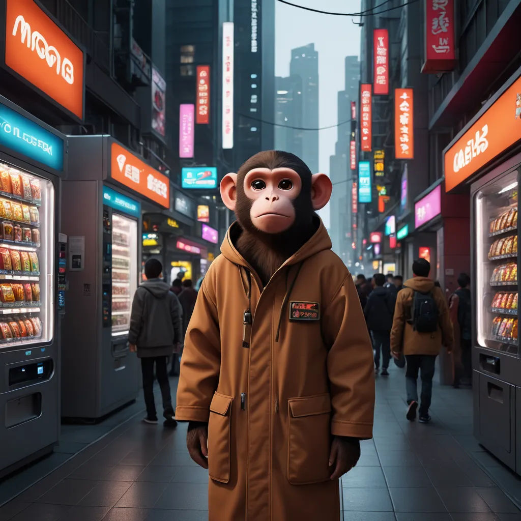 a monkey in a brown coat standing in a street with a vending machine in the background and people walking down the street, retrofuturism, a character portrait, Chris LaBrooy, cgstudio