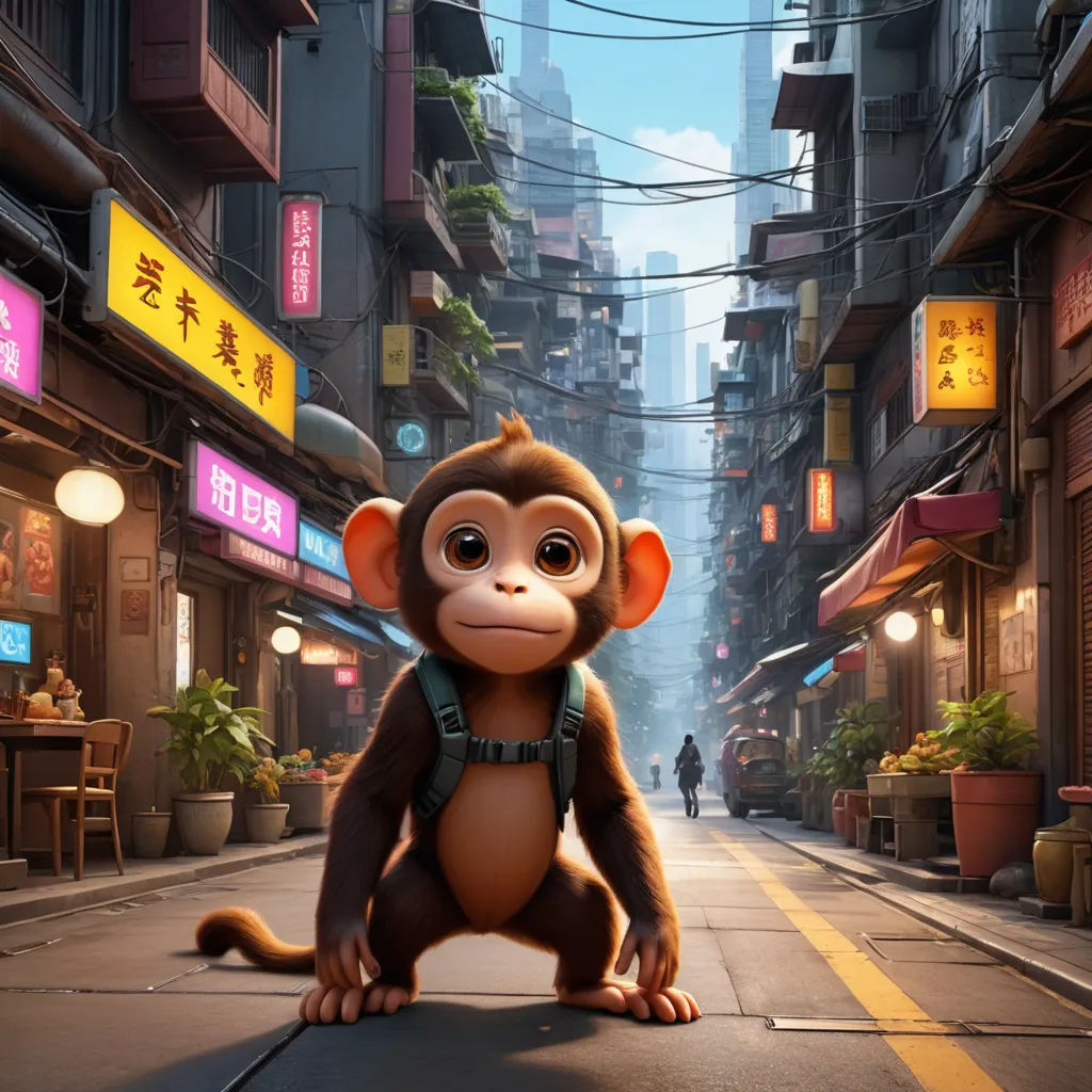 a monkey is standing on a city street in a cartoon style, with a backpack on his back and a man walking down the street, cubo-futurism, a detailed matte painting, Chris LaBrooy, cgstudio