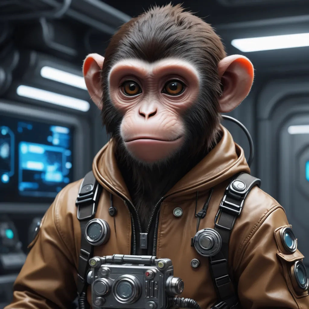a monkey in a leather jacket holding a camera in a sci - fi setting with a futuristic background and a camera in his hand, space art, a character portrait, Eddie Mendoza, cgstudio